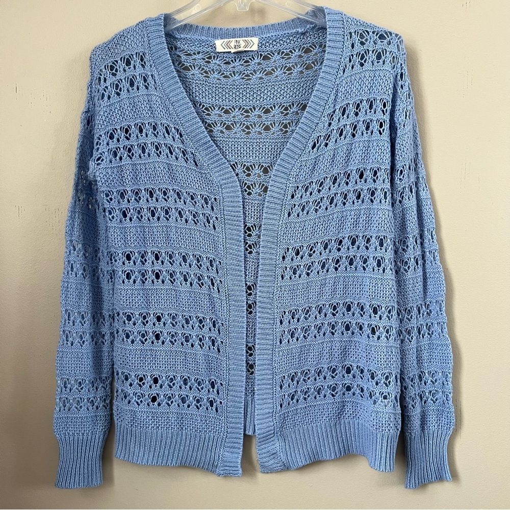 Pink Rose Women's Blue Crochet Knit Boho Sweater Cardigan Size M